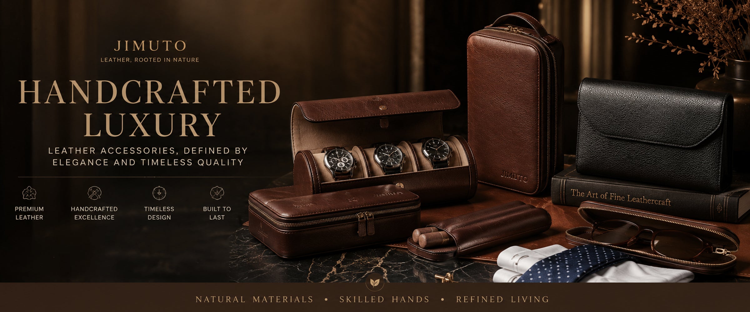 A promotional display of Jimuto leather accessories, including a brown leather watch box with three watch slots, a brown leather case, a black leather pouch, and a leather watch strap, arranged on a dark marble surface with books and a tie in a warm, dark setting.