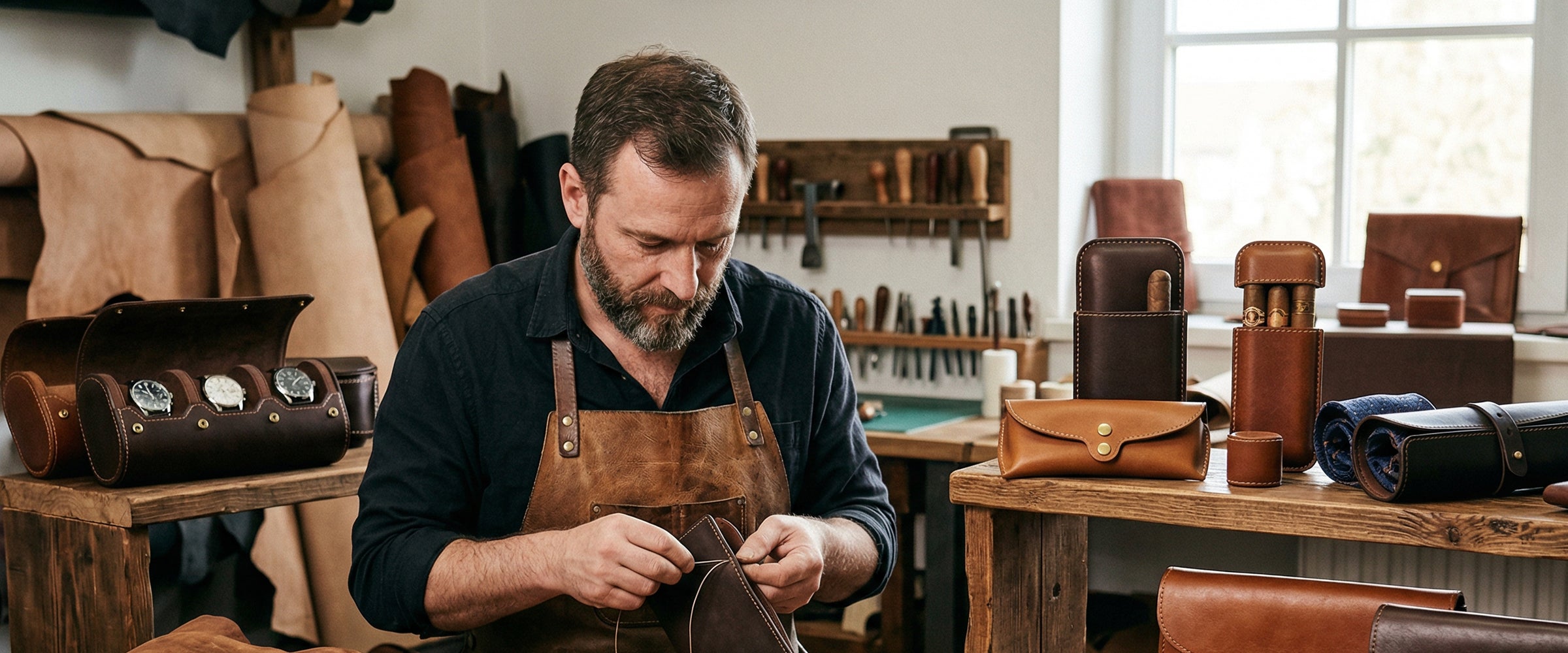 Man working in a leather goods workshop with various leather products around like genuine leather watch cases, leather cigar cases and leather clutches.