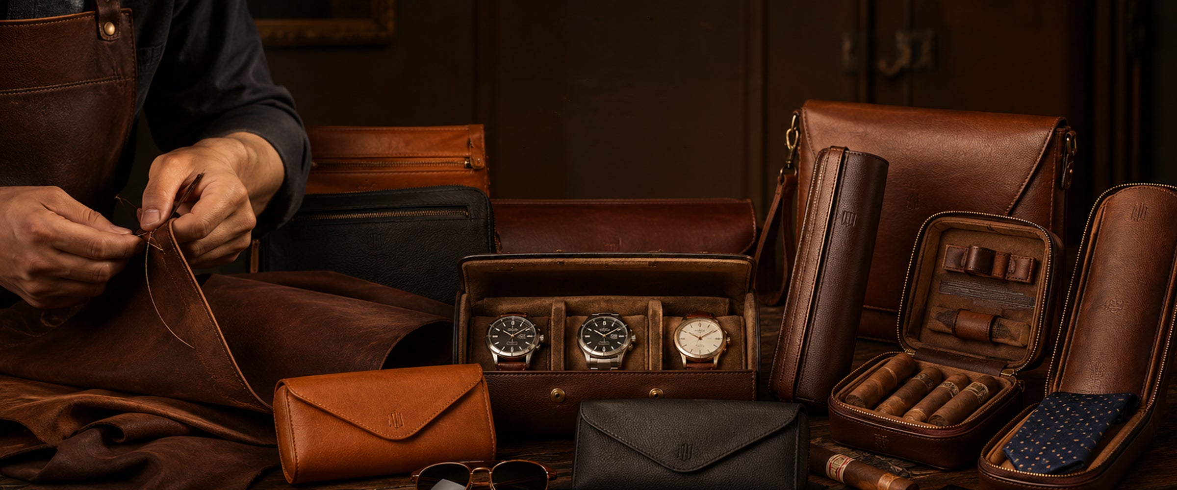 A dark, premium leather goods display featuring multiple brown leather pouches, a watch organizer with three watches, cigar cases, and a leather apron being handled by a person whose hands and torso are partially visible on the left. The background is a dark wood paneling with elegant white text reading 'LEATHER, ROOTED IN NATURE Handcrafted Leather, Defined by Luxury and Elegance'.