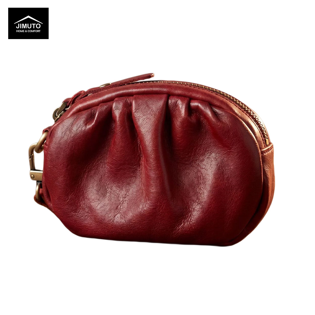 Red leather pouch with gold zipper on a white background, featuring the JIMUTO brand.