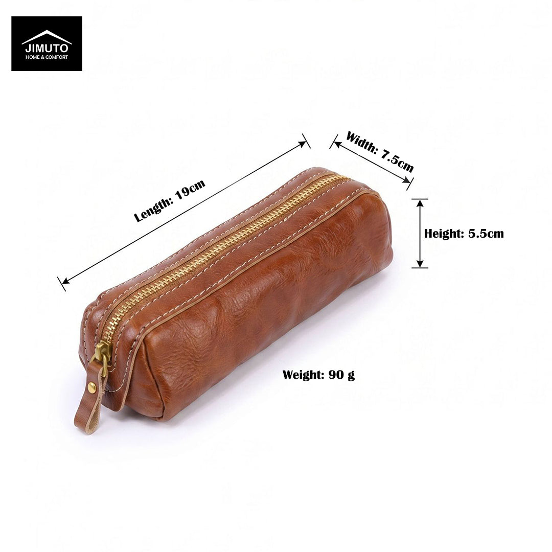 Brown faux-leather zip pen pouch with dimension annotations showing length 10cm, width 7.5cm, and height 5.