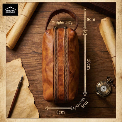 Brown leather pouch with measurements on a wooden surface, featuring JIMUTO branding.