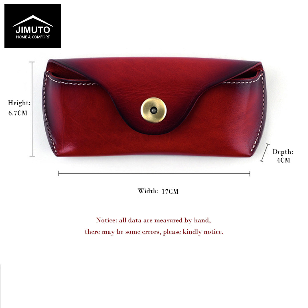 Red brown leather eyeglasses case with gold button and measurements on a white background, featuring the JIMUTO brand.