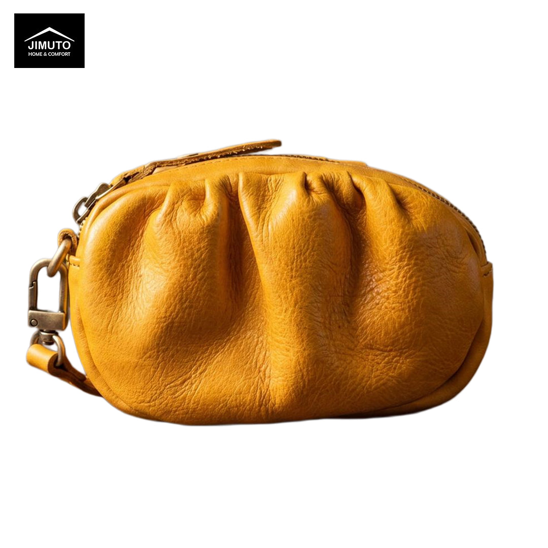 Yellow leather pouch with a strap on a white background, featuring the JIMUTO brand.